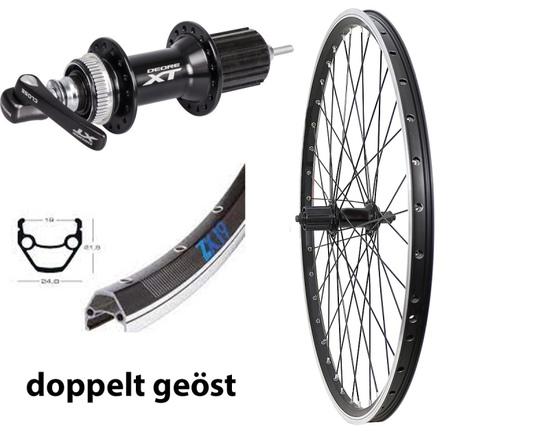 BW 26''HR 19-559 ZX19 schwarz seitlich geschliffen, f�r V-Brake, Cantilever- oder Felgenbremse mit Doppel�se 36L. XT M8000 Disk Centerlock 8-11f. Schnellspann schwarz Speichen 2mm Nirosta schwarz